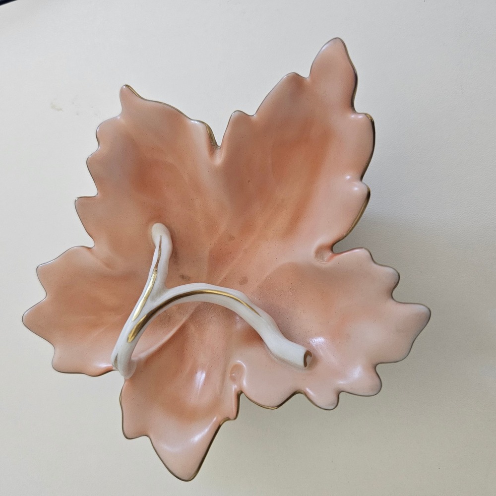 Vista Alegre Portugal Porcelain Peach Pink Maple Leaf Dish Gold Trim Handle